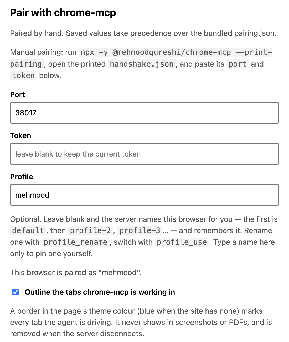 The extension's Options page, paired: port filled in, token left blank to keep the saved one, and the browser paired under a profile name.