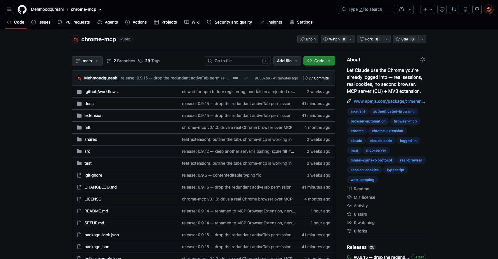 Screenshot the agent took of the chrome-mcp GitHub repository page while signed in: the Settings tab and the Unpin button are visible.